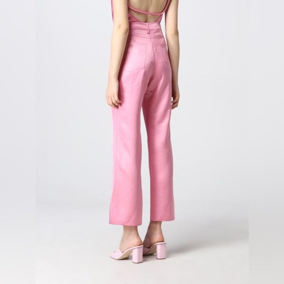 NWT $525 Nanushka Vaeda Navy Glossy Satin 5 Pocket Cropped Flare Pants with Slit - Picture 4 of 9